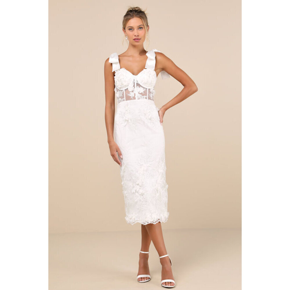 Lulus Exquisite Charisma White 3d Floral Bustier Tie-strap Midi Dress - Size M